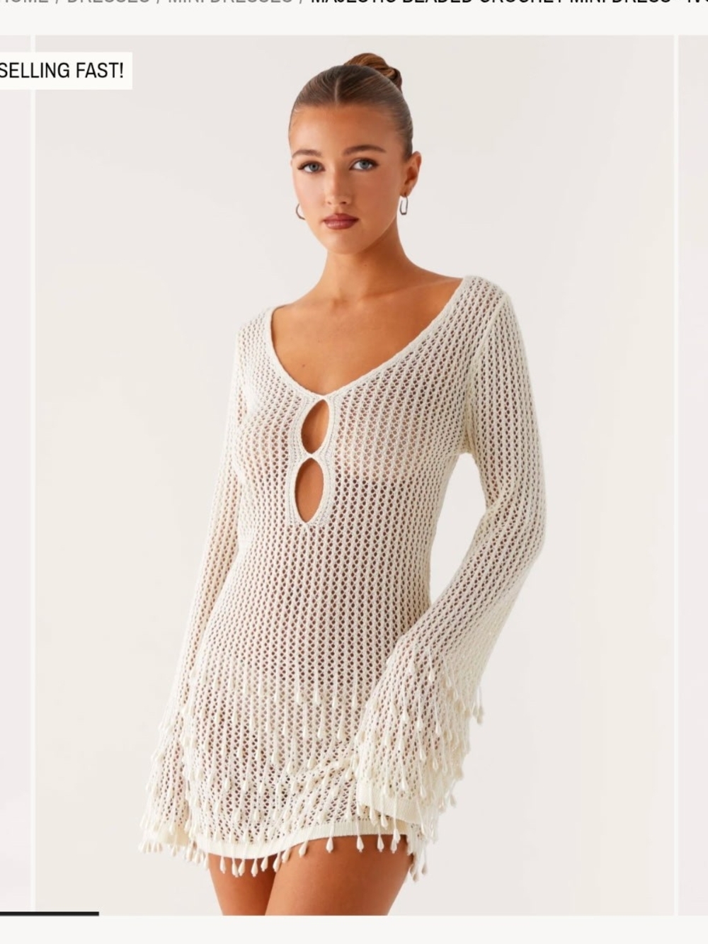 Peppermayo Women's Crochet Fringe Swim Cover-Up Dress in Ivory